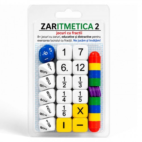 ZARITMETICA 2 FRACTII - Set de 8 jocuri cu zaruri, educative si distractive, pentru exersarea aritmeticii cu fractii ZARITMETICA 2 FRACTII - Set de 8 jocuri cu zaruri, educative si distractive, pentru exersarea aritmeticii cu fractii